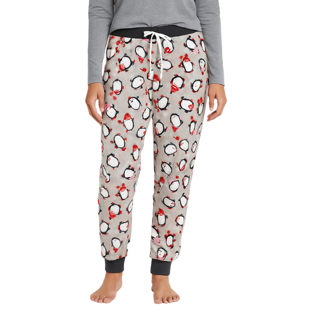 Pillow Talk Gray Christmas Penguin Fleece Pajama Joggers Women’s Size Large New